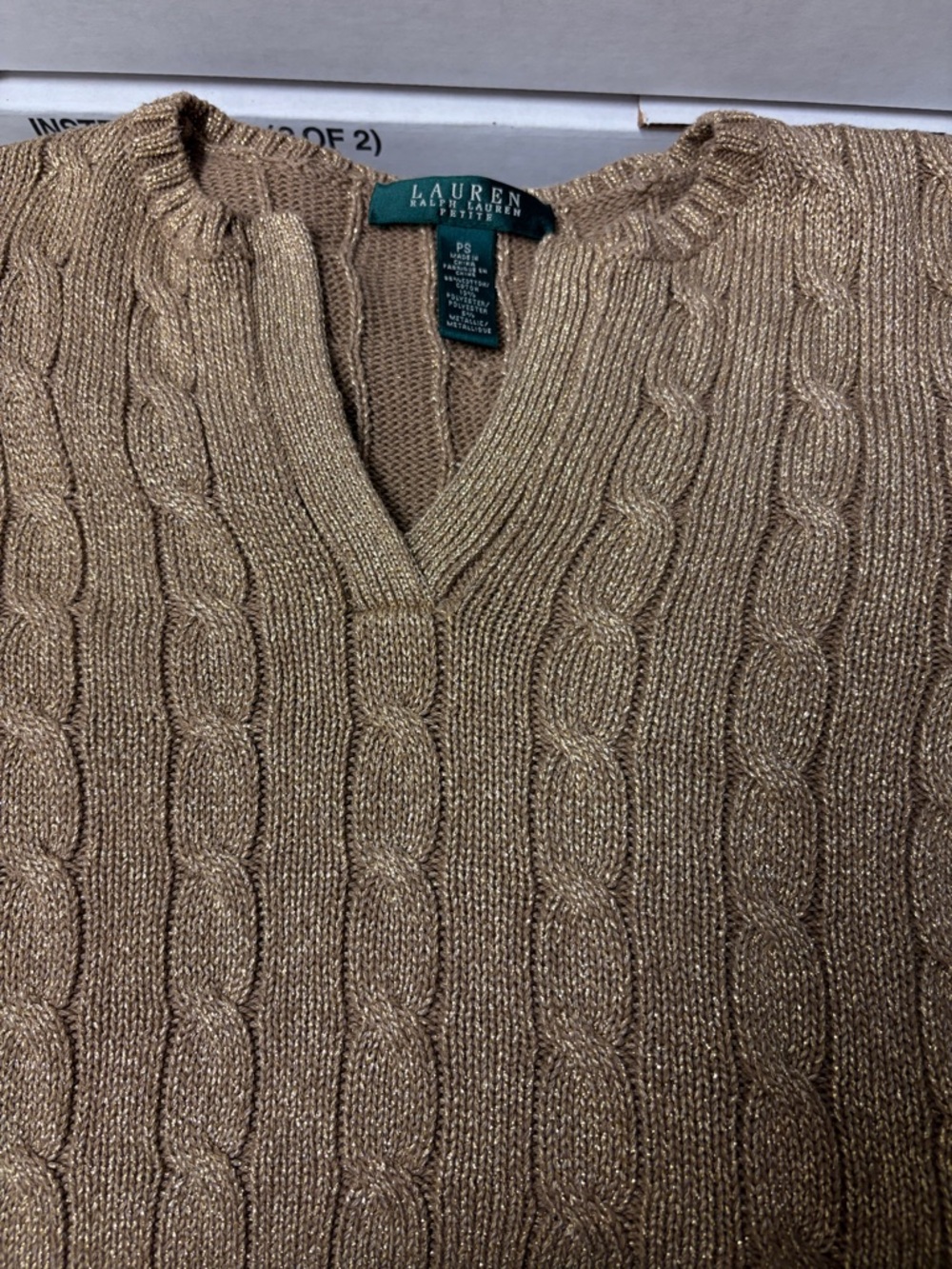 Lauren Ralph Lauren Metallic Tan Cable V-Neck Sweater